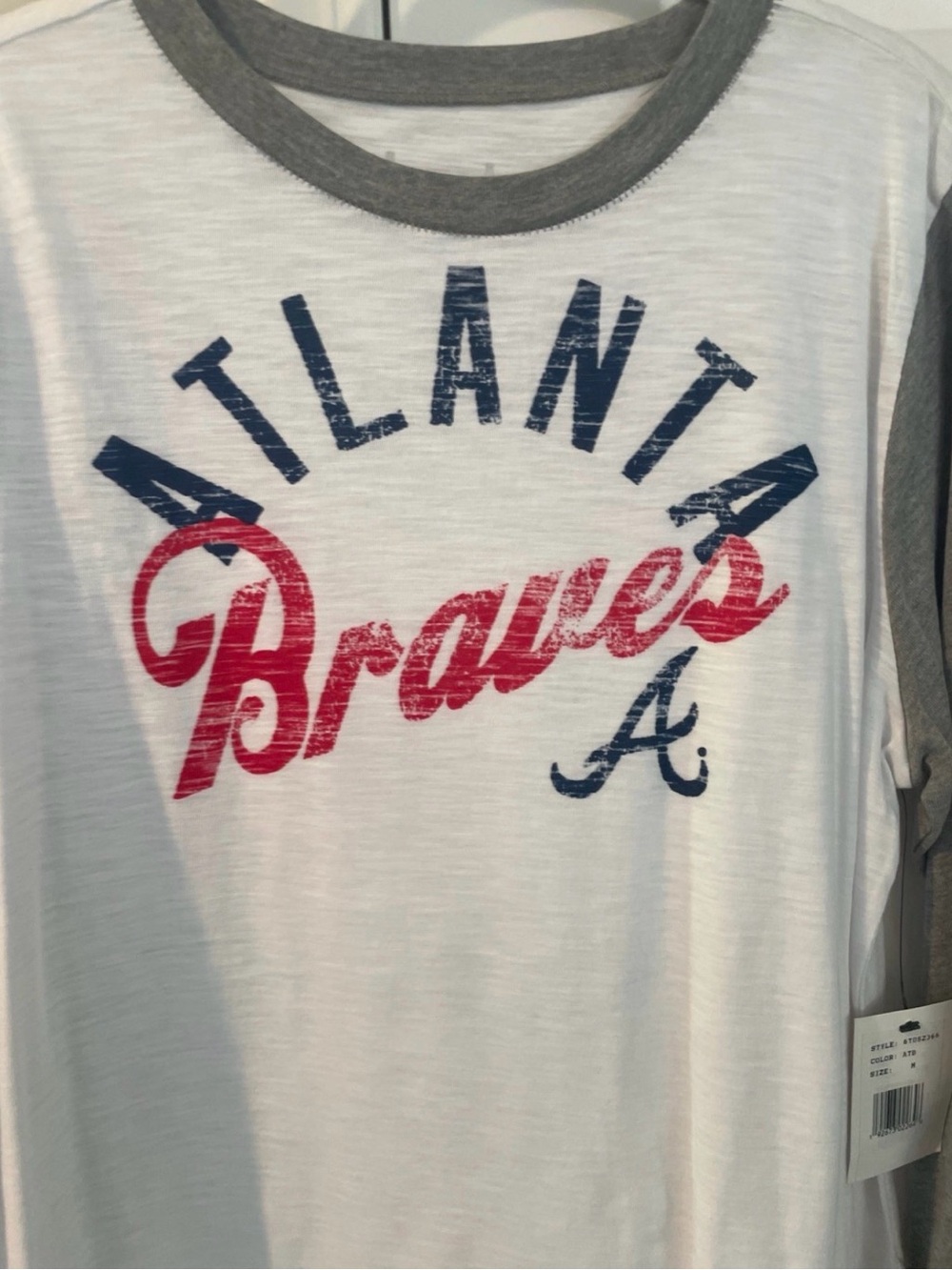 Stadium Athletics White Tee with Gray Sleeves and Red & Blue Braves Script